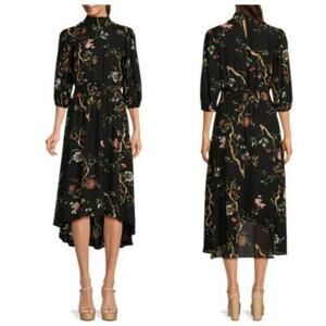 Nanette Lepore Floral High Neck Midi Dress Black Dark Romantic Boho Whimsy Goth